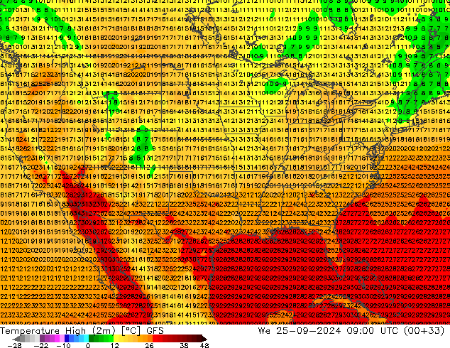 Temperatura máx. (2m) GFS mié 25.09.2024 09 UTC