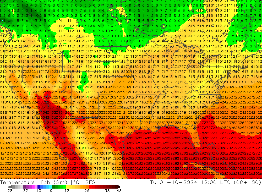 Max.temperatuur (2m) GFS di 01.10.2024 12 UTC