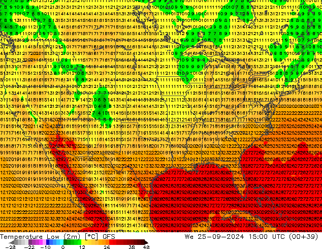 temperatura mín. (2m) GFS Qua 25.09.2024 15 UTC