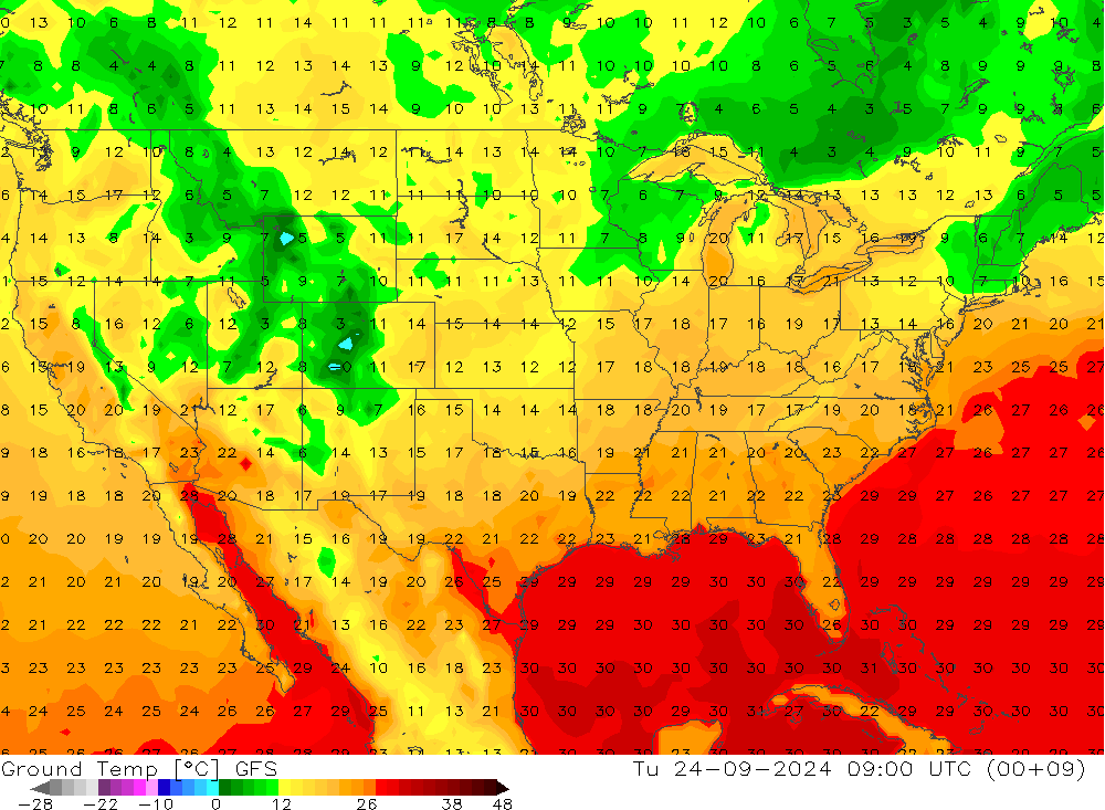 Temp. gruntu GFS wto. 24.09.2024 09 UTC