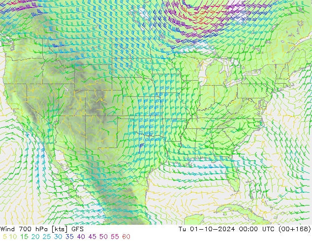 ветер 700 гПа GFS вт 01.10.2024 00 UTC