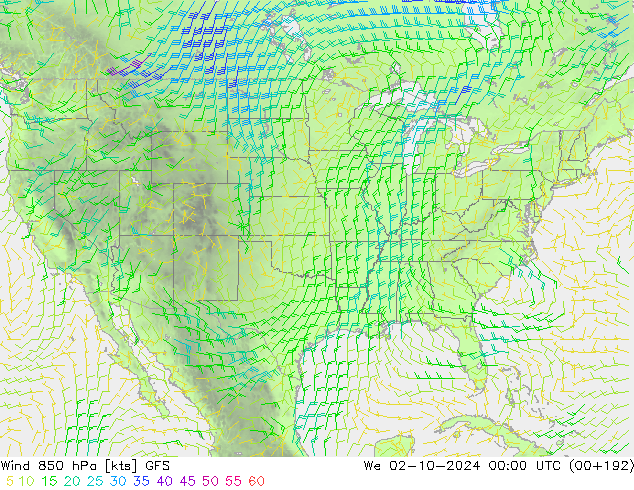 Wind 850 hPa GFS We 02.10.2024 00 UTC