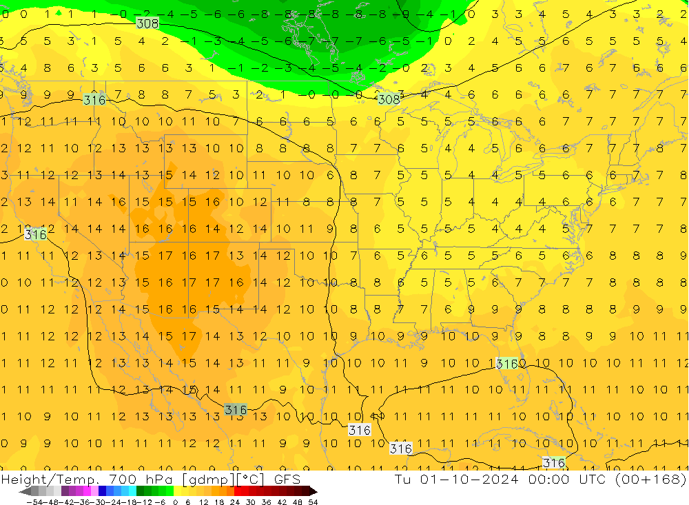 Géop./Temp. 700 hPa GFS mar 01.10.2024 00 UTC