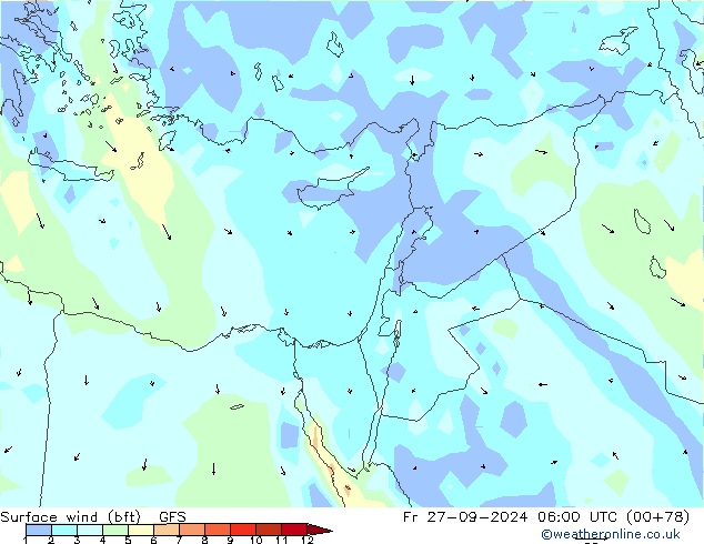 Viento 10 m (bft) GFS vie 27.09.2024 06 UTC