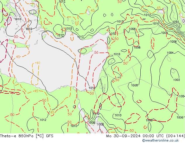 Theta-e 850hPa GFS lun 30.09.2024 00 UTC
