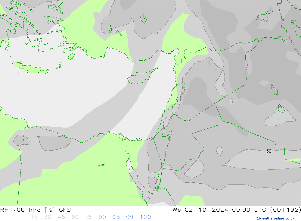 RH 700 hPa GFS We 02.10.2024 00 UTC