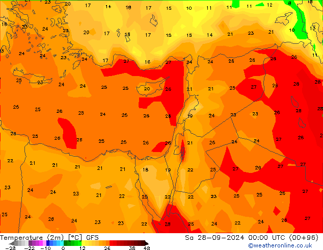 mapa temperatury (2m) GFS so. 28.09.2024 00 UTC