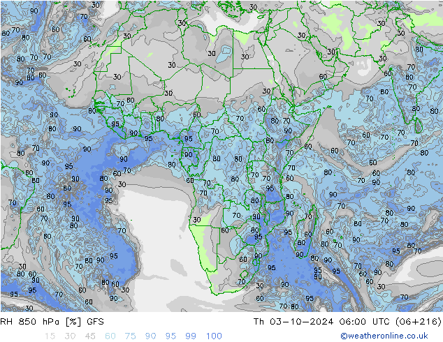 RH 850 hPa GFS Th 03.10.2024 06 UTC