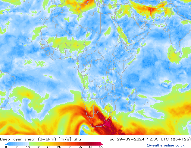 Deep layer shear (0-6km) GFS dom 29.09.2024 12 UTC