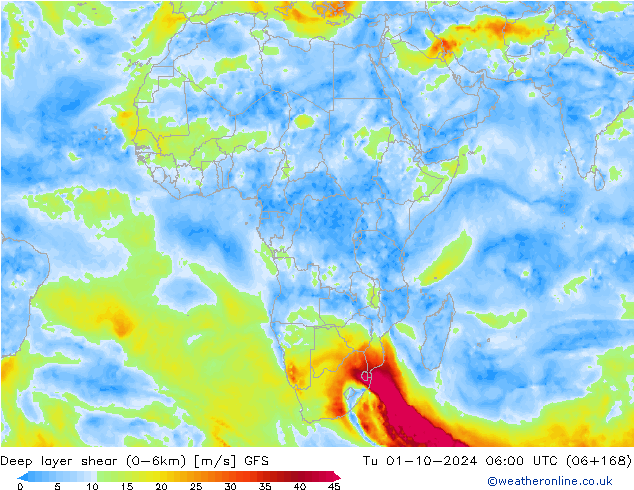 Deep layer shear (0-6km) GFS Tu 01.10.2024 06 UTC