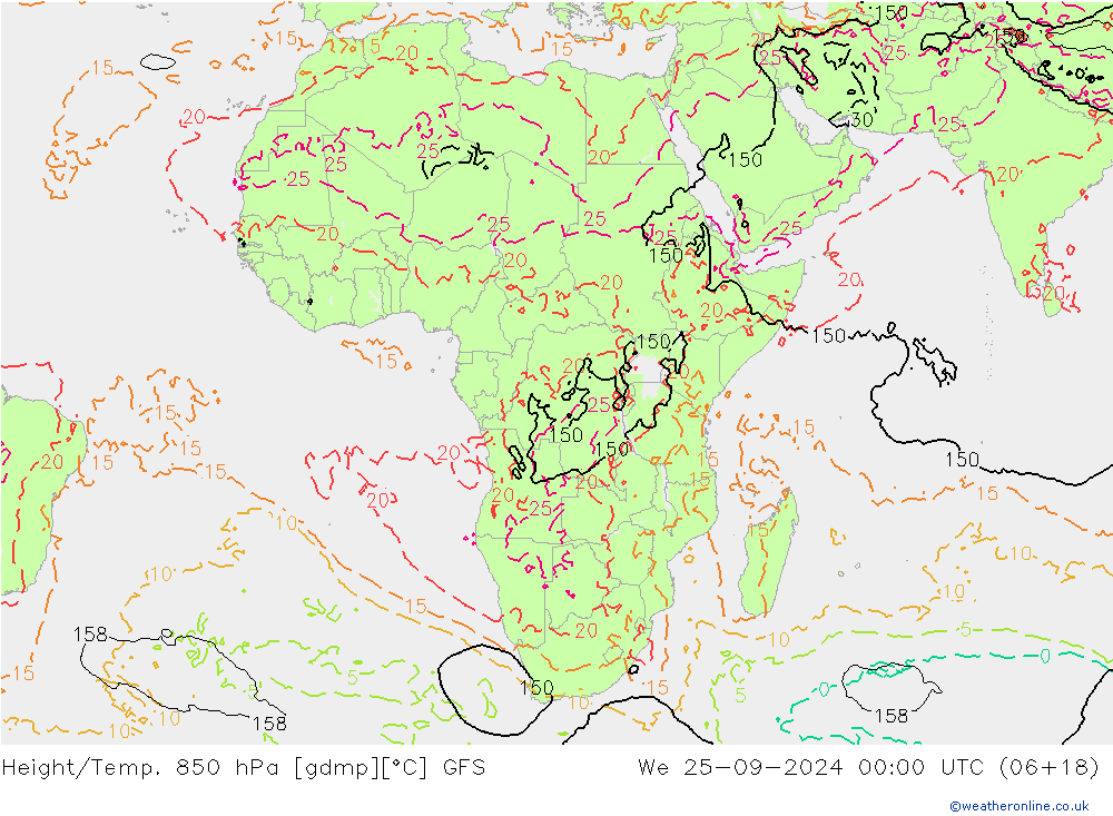 Height/Temp. 850 hPa GFS We 25.09.2024 00 UTC