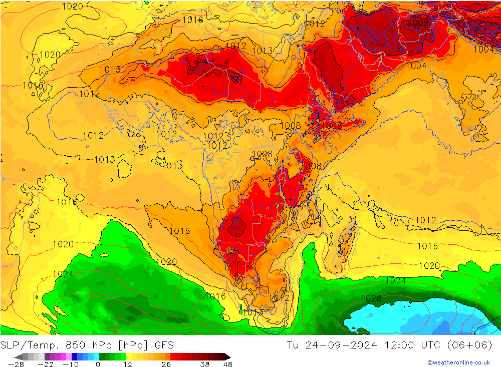 SLP/Temp. 850 hPa GFS wto. 24.09.2024 12 UTC