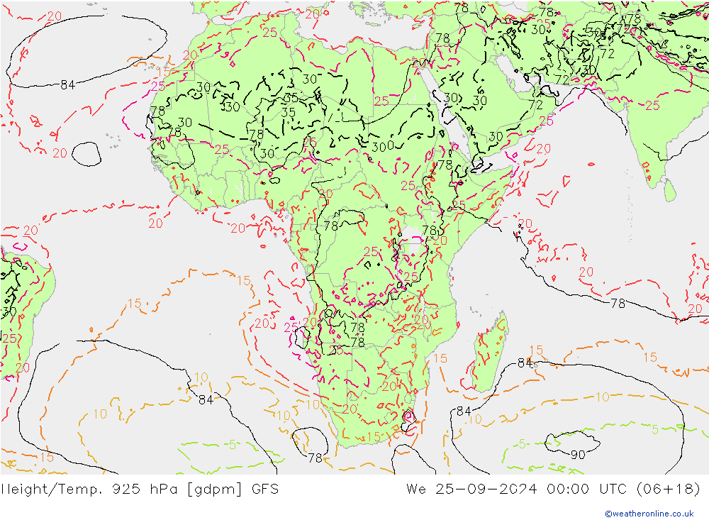 Yükseklik/Sıc. 925 hPa GFS Çar 25.09.2024 00 UTC