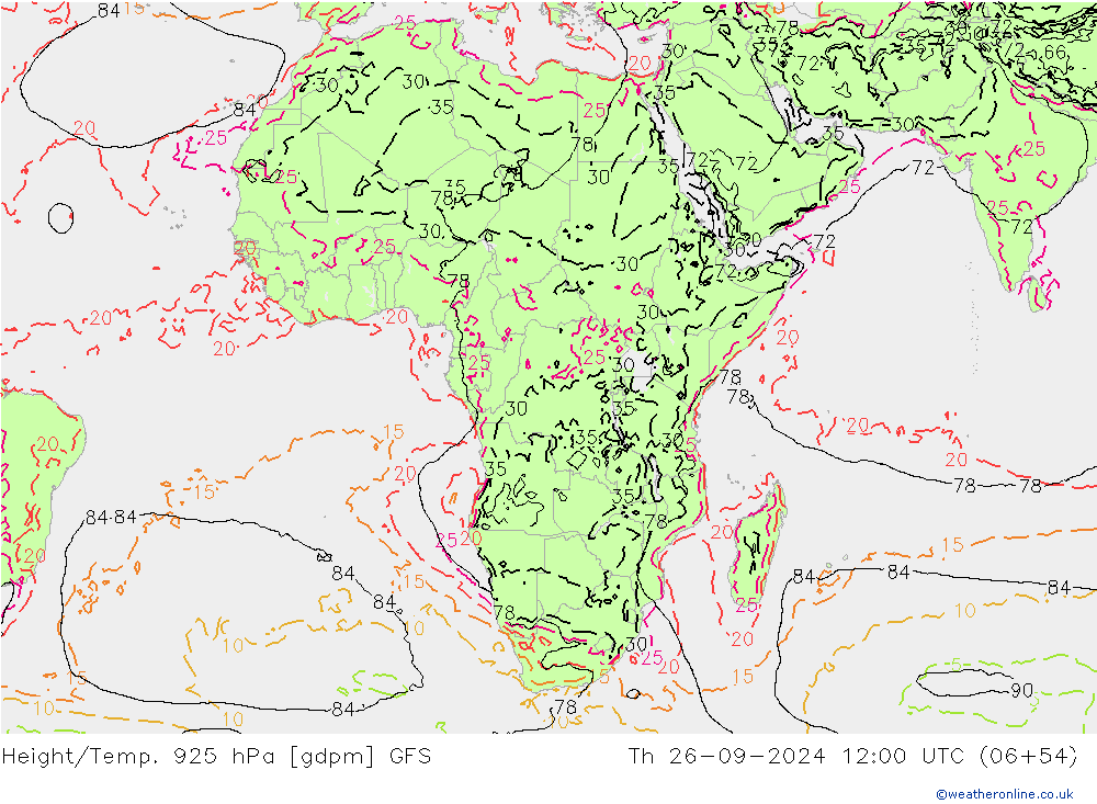 Height/Temp. 925 hPa GFS czw. 26.09.2024 12 UTC