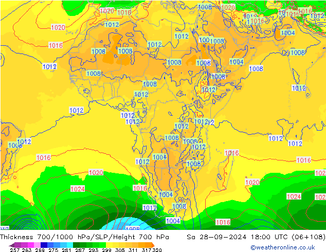 Espesor 700-1000 hPa GFS sáb 28.09.2024 18 UTC