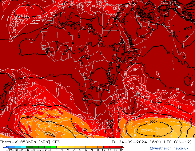 Theta-W 850hPa GFS Út 24.09.2024 18 UTC