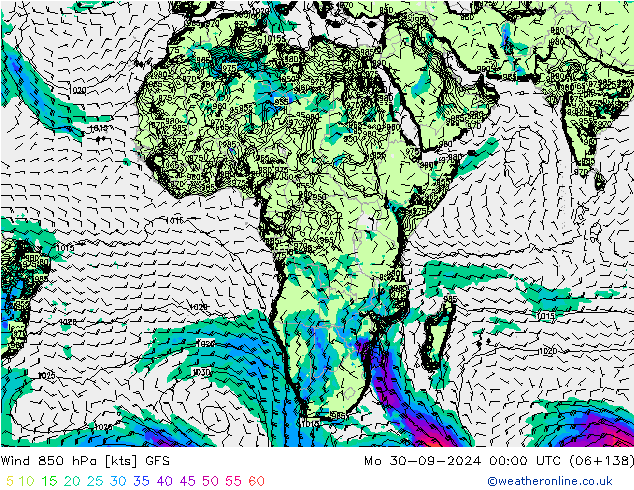 ветер 850 гПа GFS пн 30.09.2024 00 UTC