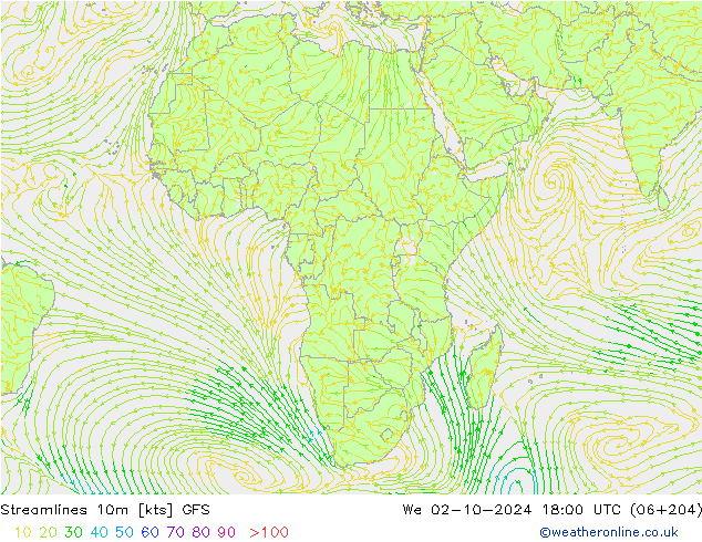 Streamlines 10m GFS We 02.10.2024 18 UTC