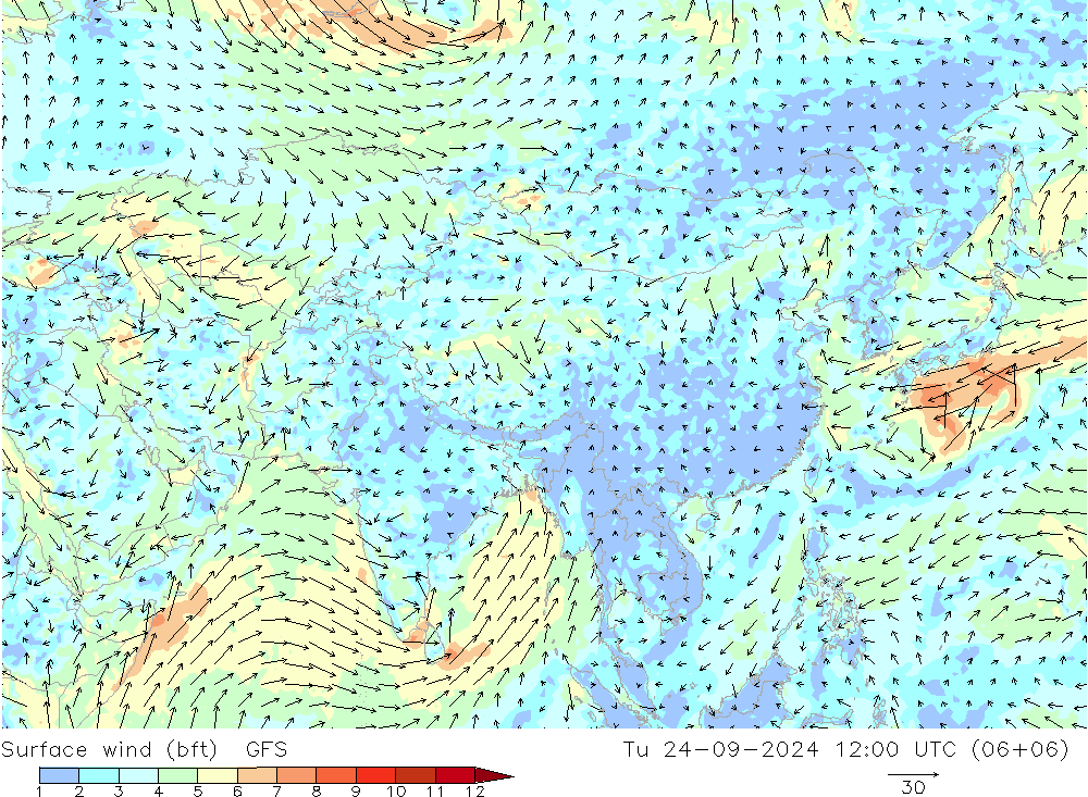  10 m (bft) GFS  24.09.2024 12 UTC