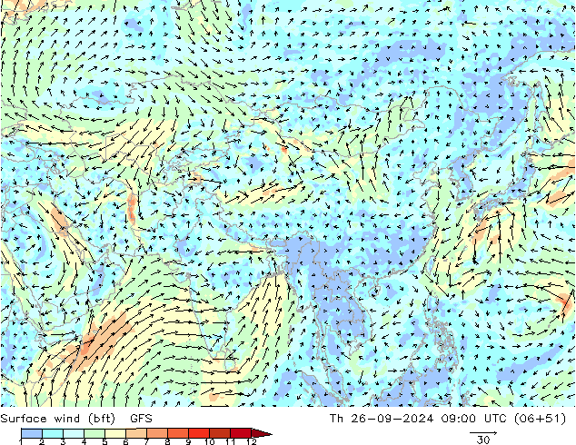 Surface wind (bft) GFS Th 26.09.2024 09 UTC