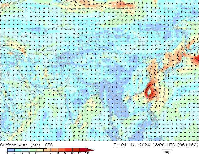 ве�Bе�@ 10 m (bft) GFS вт 01.10.2024 18 UTC