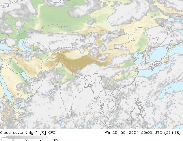 zachmurzenie (wysokie) GFS śro. 25.09.2024 00 UTC