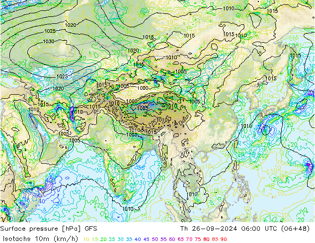 Isotachs (kph) GFS Th 26.09.2024 06 UTC