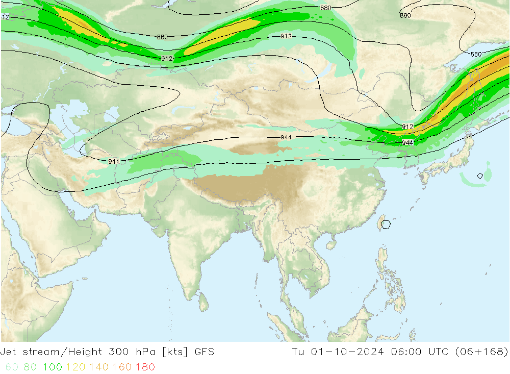 Jet stream GFS Ter 01.10.2024 06 UTC