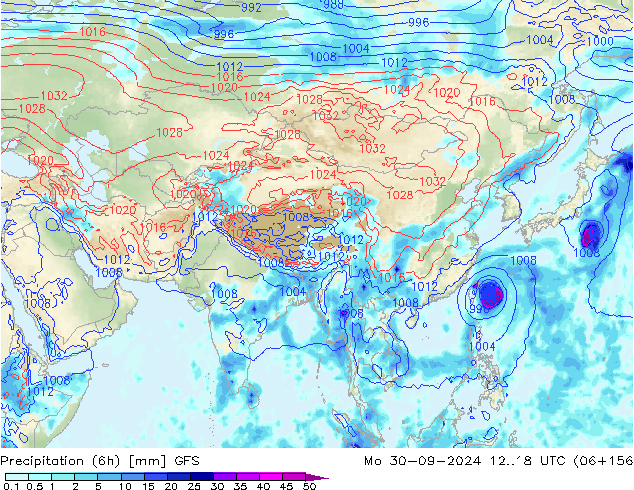 Precipitation (6h) GFS Mo 30.09.2024 18 UTC