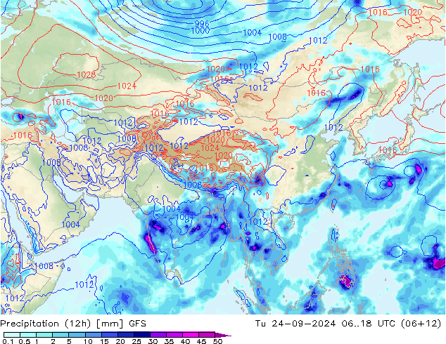 Precipitation (12h) GFS Tu 24.09.2024 18 UTC