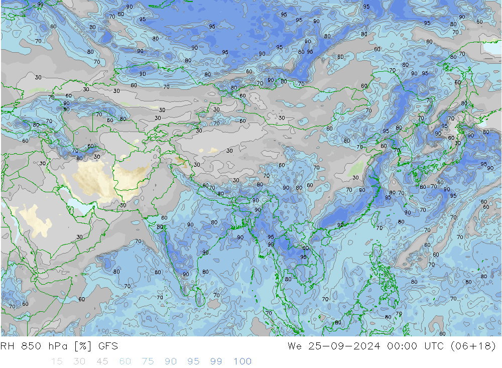 RH 850 hPa GFS śro. 25.09.2024 00 UTC