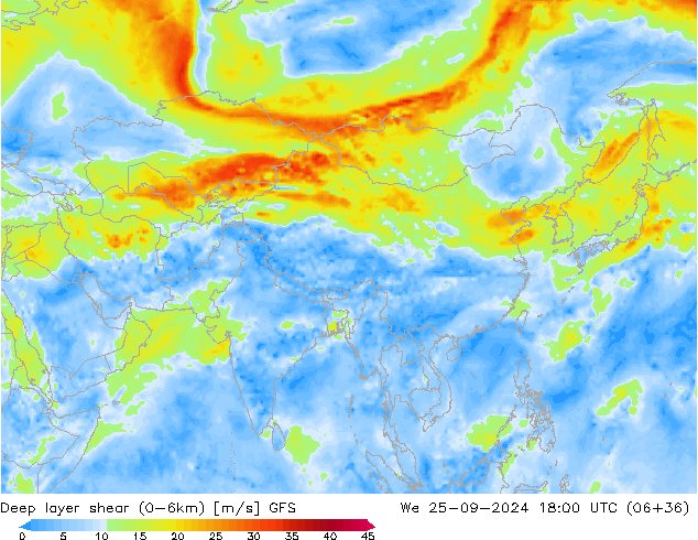 Deep layer shear (0-6km) GFS Çar 25.09.2024 18 UTC