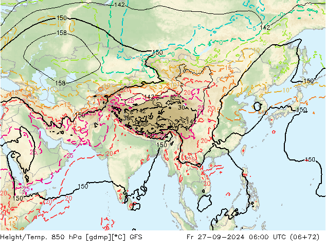 Height/Temp. 850 гПа GFS пт 27.09.2024 06 UTC