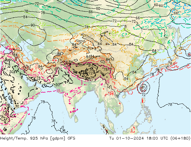 Hoogte/Temp. 925 hPa GFS di 01.10.2024 18 UTC