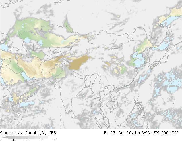 Cloud cover (total) GFS Fr 27.09.2024 06 UTC