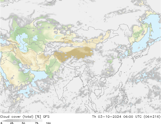 Cloud cover (total) GFS Th 03.10.2024 06 UTC