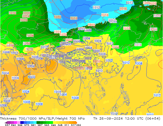 Thck 700-1000 hPa GFS czw. 26.09.2024 12 UTC