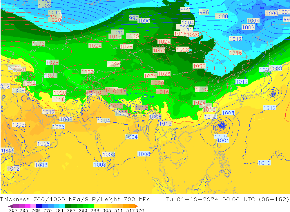 Thck 700-1000 hPa GFS mar 01.10.2024 00 UTC
