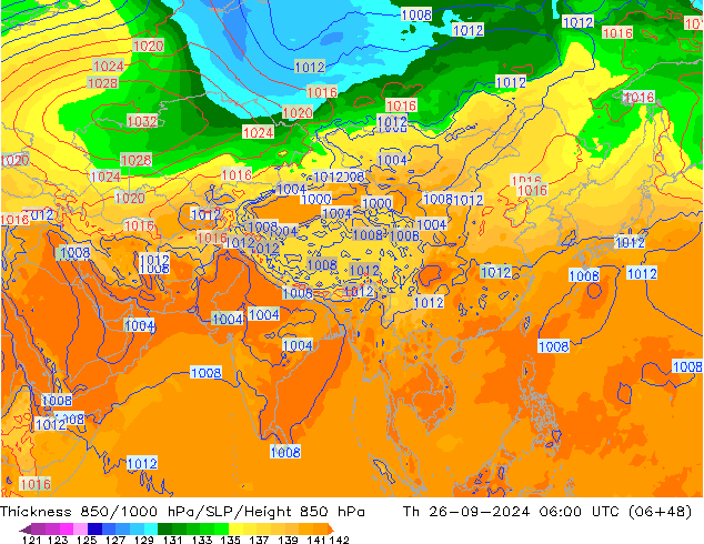 Thck 850-1000 гПа GFS чт 26.09.2024 06 UTC