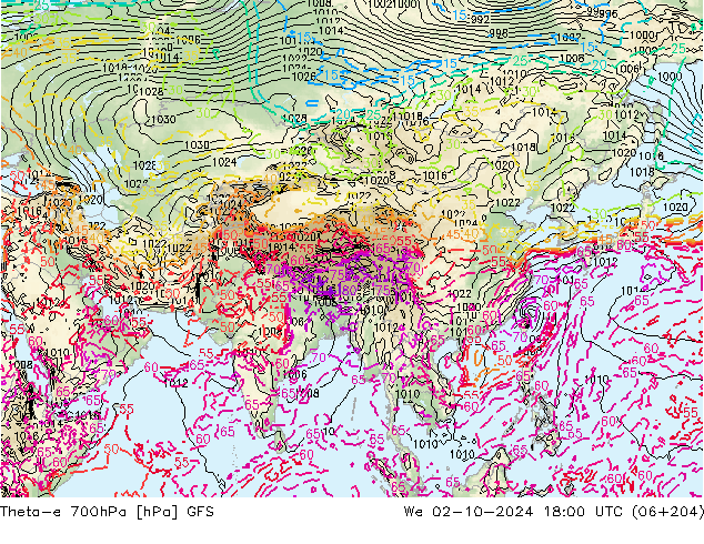 Theta-e 700hPa GFS Mi 02.10.2024 18 UTC