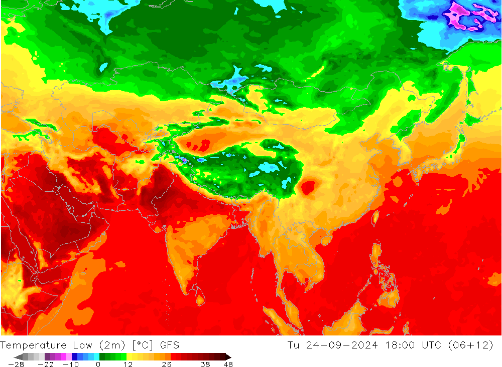 temperatura mín. (2m) GFS Ter 24.09.2024 18 UTC