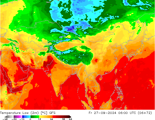 Min. Temperatura (2m) GFS pt. 27.09.2024 06 UTC