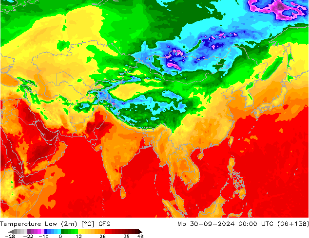 Temperature Low (2m) GFS Mo 30.09.2024 00 UTC