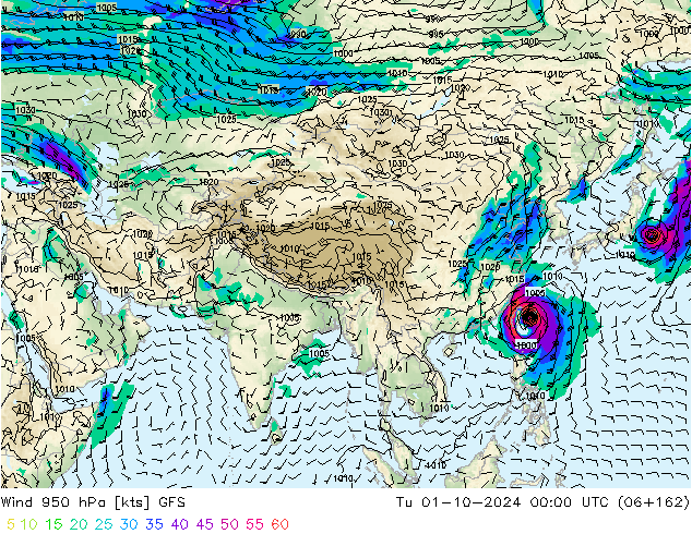 Vento 950 hPa GFS Ter 01.10.2024 00 UTC