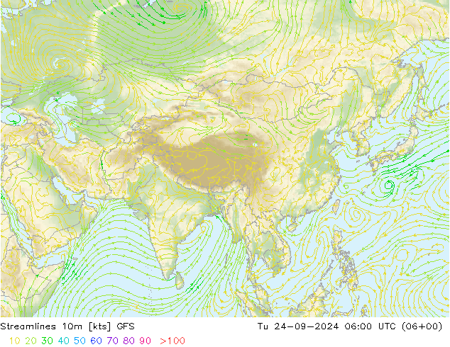 Linia prądu 10m GFS wto. 24.09.2024 06 UTC