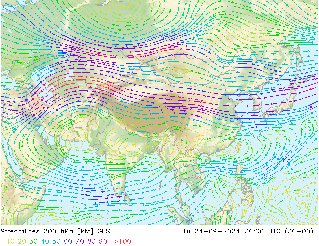 Stromlinien 200 hPa GFS Di 24.09.2024 06 UTC