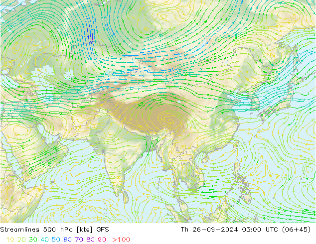 Linia prądu 500 hPa GFS czw. 26.09.2024 03 UTC