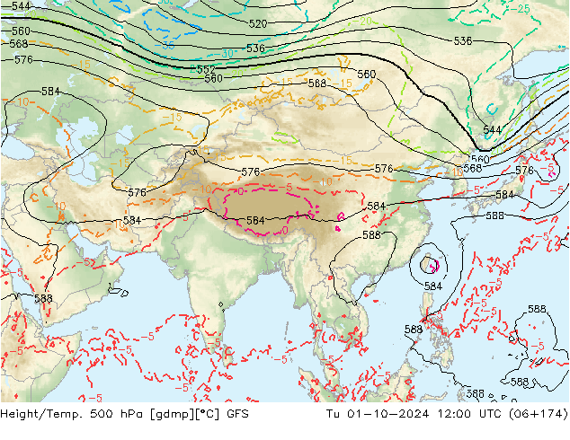 Z500/Rain (+SLP)/Z850 GFS  01.10.2024 12 UTC