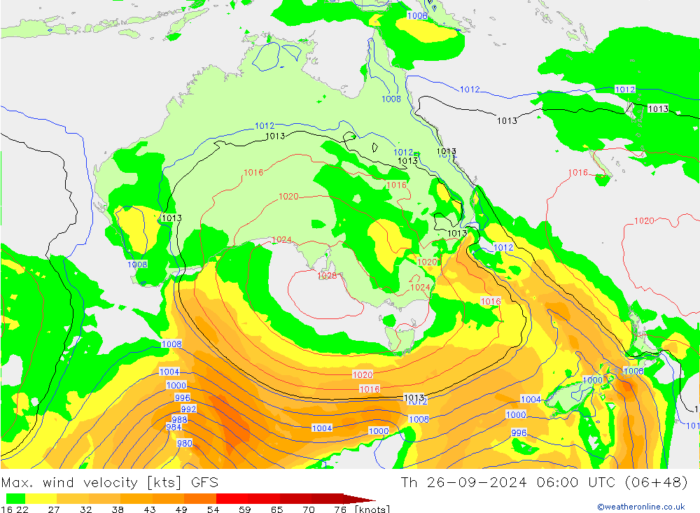 Max. wind velocity GFS czw. 26.09.2024 06 UTC