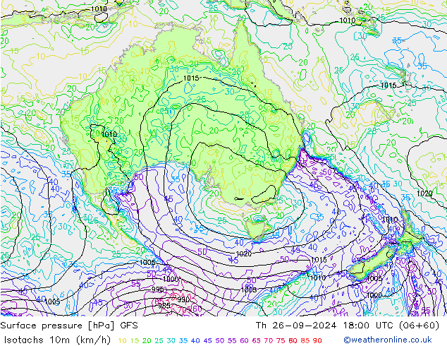 Isotachs (kph) GFS Th 26.09.2024 18 UTC